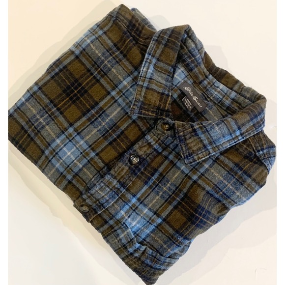 Eddie Bauer Mens XL Flannel Shirt Blue Olive Green Plaid Cotton EMT5568S - Picture 1 of 10